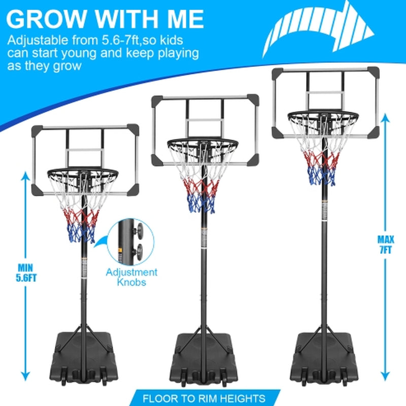 Portable Basketball Goal System with Stable Base and Wheels, Use for Indoor Outdoor Teenagers Youth Height Adjustable 5.6 to 7Ft Basketball Hoop 28 Inch Backboard